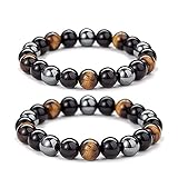 1 Paar Herren Infrarot Energie Armband, Lymphdrainage Tigerauge Armbänder, Dreifacher Schutz Armband Schwarzer Obsidian, Tigerauge Stein, Hämatit (8mm +10mm)