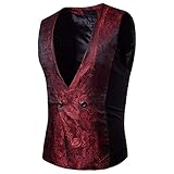 PPangUDing Weste Herren Anzugweste Ärmellose Blazer V-Ausschnitt Sakkos Nähen Purer Anzug Western Slim Fit Smoking Frack Herrenweste Herrenanzug Business Hochzeit Vest (M,  Weinrot)