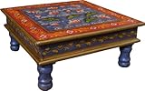 Guru-Shop Bemalter Kleiner Tisch, Minitisch, Blumenbank - Seerose Blau/rot/gelb, 16x38x38 cm, Kaffeetische & B