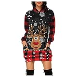 WHSOP Weihnachtskleid Damen, Frauen Casual Kapuzenpullover Partykleid Damen Christmas Longshirt Tunika Kleid,Weihnachtsmotiv Hoodies Sweatshirt Minikleid,Xmas Lang