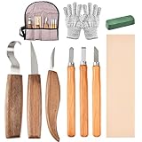 FOCCTS Holz Schnitzwerkzeug Set 10 in 1 Schnitzmesser Set mit 6*Messer Schnitzen Stechbeitel, Schnittfeste Handschuhe Ölwachs Polierband Aufbewahrungstasche, Ideales Schnitzset für Anfäng
