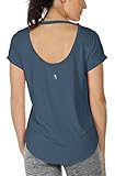 icyzone Damen Yoga T-Shirt Rückenfrei Sport Freizeit Tops Kurzarm Oberteile Loose Casual V-Ausschnitt Shirt (L, Petrol Blue)