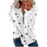 Kittoy Damen Tops Langarm V Ausschnitt Reißverschluss Sterndruck Oberteile Shirt Casual Lose Langarmshirt Tops Bluse Freizeit Langarmshirt Lose T-Shirt Bluse Elegant Tunika Oberteil Top