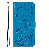 SATURCASE Schutzhülle für Samsung Galaxy S6, Katze, Biene, Prägung, PU-Leder, Flip-Magnet, Brieftasche, Ständer, Kartenfächer, Schutzhülle mit Handschlaufe für Samsung Galaxy S6 (blau)