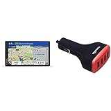 Garmin DriveSmart 65 MT-D EU Navi - extragroßes Touch-Display, 3D-Navigationskarten und Live-Traffic & Amazon Basics - Kfz-Ladegerät, USB-Anschluss: 4 Eingänge, 9,6 Ampere / 48W, Schwarz/R