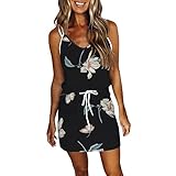 Freizeitkeid Damen Sommerkleid Freizeit Kurzarm Elegant Kurze Kordelzug Blusenkleid Minikleid mit Taschen Party Strandkleider Damen Kleid mit V Ausschnitt Swing Kleid Streifen Loose T S