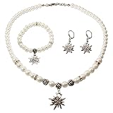 Schmuckset Trachtenkette Perlenkette und Edelweiß-Armband und Ohrhänger - Damen Dirndlkette,Perlenarmband & Trachtenohrringe Strass-Edelweiss zur Trachtenbluse,Dirndl-Schmuck Oktoberfest (creme-weiß)