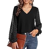 Damen Shirt Spitze Oberteile Locker Sexy Blusen für Damen Elegant Loose Top Langarmshirt V-Ausschnitt Chiffon Langarm T-Shirts Hemd Solide Tunika Tops Sweatshirt Hemdb