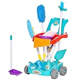 HOMCOM Reinigungswagen Besenwagen Putzwagen mit Zubehör 22 Stück Haushaltsspielzeug für Kinder von 3 bis 6 Jahren ABS PP-Kunststoff Grün+Rot+Weiß 40 x 32 x 52,5