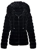 Geschallino Damen Wende-Kunstpelz und gesteppter Mantel mit Pelzkragen, Oberbekleidung mit Kapuzenjacke für den Winter, Schwarz, M