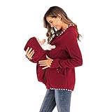 PYTRMHI Tragejacke Für Mama Und Baby, Polarfleece Damen Pullover Kängurujacke Umstandsjacke Mit Reißverschluss,Rot,S