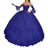 HUINI Damen Brautkleider Standesamt Prinzessin Quinceanera Kleider Ballkleider A-Linie mit Spitzen Abendkleider Königsblau 52
