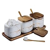 Gewürzgläser Set, 3 Stk Keramik Zuckerdose mit Deckel und Löffel Bambus für Haus und Küche, Alternative zu Gewürzständer und Gewürzregal für Küche und Esstisch, Weißes M