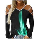 Damen Langarmshirt Sexy Bluse Elegant Schulterfrei Oberteile Langarm V-Ausschnitt Shirt Plissee T-Shirt Kettenriemen Hemden Casual Loose Hemdbluse Slim Fit Tunika Streetw