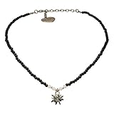 Alpenflüstern Filigran Perlen-Trachtenkette Strass-Edelweiß - Damen-Trachtenschmuck mit antik-Silber-farbenem Edelweiss, Dirndlkette schwarz DHK204