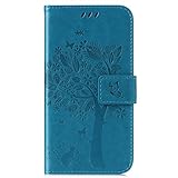 ISAKEN Kompatibel mit Galaxy J1 2016 Hülle, Folio PU Leder Geldbörse Ledertasche Handyhülle Tasche Case Schutzhülle Hülle mit Handschlaufe Strap für Samsung Galaxy J1 2016 - Baum Katze B