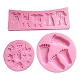 Baby Fußabdruck silikonform Silikon Fondant Kuchen Formen 3D Baby Fußabdruck Motive Backform Baby Kleidung Formen Schokoladenformen DIY Kuchen Süßigkeiten Gelee Backformen Tortedeko 3 Stück
