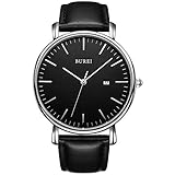 BUREI Stilvolle Minimalistische Ultra Slim Herren Uhr schwarz Datum Großes Gesicht Armbanduhr mit Schwarz Armb