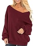 Auxo Damen Langarm Schulterfrei Jumper Lose Sweatshirt Pullover Oberteil Tops Hemd Oversize, 01-wein Rot*, Gr.- XXL