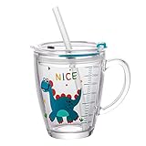 Glas Kinder Wasserbecher 300ml Becher Trinkbecher mit Stroh Trinkglas mit Deckel Messbecher Mikrowellengeeignet Wasserglas Hitzebeständig Saftglas Jungen Mädchen Getränkebecher für Milch W