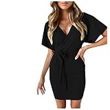 Masrin Damen Wickelkleid Lässig Einfarbig Bodycon Etuikleid Kreuz V-Ausschnitt Schlankes Minikleid Homedress(M,Schwarz)