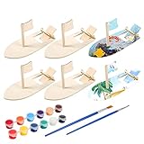 Luclay Holz Segelboot für Kinder,6 Stück Holz Segelboot Set Malen DIY mit 6 Stück Unfertigen Paddelboot-Bausätzen & 12 Farbstreifen für Kinder zum Bauen & Bemalen für die Karnevalsparty