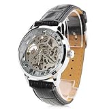 FENKOO Herren Totenkopfuhr Automatikaufzug Transparentes Ziffernblatt PU Band Armbanduhr Schw