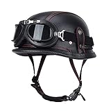Tazyee Leder Motorradhelm Retro,Deutscher Lederhelm,ECE-Zertifizierung Motorrad Mopedhelm,ABS-Material Braincap,Cruiser Chopper Scooter-Helm mit Fliegerbrille Größe M 55 bis 56