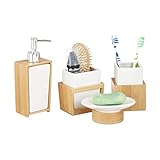 Relaxdays Badezimmer Set, 4-teiliges Badzubehör aus Keramik und Bambus, Seifenspender und Zahnputzbecher, natur-weiß, 10 x 14 x 20
