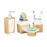 Relaxdays Badezimmer Set, 4-teiliges Badzubehör aus Keramik und Bambus, Seifenspender und Zahnputzbecher, natur-weiß, 10 x 14 x 20