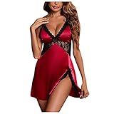 Pyjamas für Damen Satin Spitze Farbschreibweise Durchsichtige Bügellos Wohlfühl Verführerisch Nachthemd Vollschalen Hautfreundlich Hosenträger Negligees Weichem Glatter Sexy Schlafanzüg