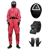 Squid- Spiel TV 2021. Cosplay-Kostüm, Unisex-Squid- Maskierter Mann- Overall+ Gürtel+ Handschuhe+ Masken Cosplay Anzug Halloween-Party-Outfit (Color : A, Size : XXL)