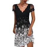 Alueeu Sexy Kleid Damen für Party: Sommerkleid Damen Knielang Elegant Cocktailkleid Damen Minikleid V-Ausschnitt Schwarze Party Club Kleid Sommerkleid Kurzarm Kleid Spitze Schwarz C