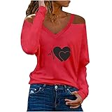 Damen T-Shirt V-Ausschnitt Langarm Herbst Elektrokardiogramm Print Kalte Schulter Lose Bluse Top
