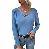 BDCUYAHSKL Herbst/Winter LäSsige Mode Damen V-Ausschnitt Einfarbig Kreuzgurte Auf Der Brust Hohler Strickpullover Langarm Pullover Slim-Fit Pullover Top D