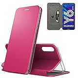 N NEWTOP Schutzhülle kompatibel mit Huawei Y6 2019, Magnetverschluss 360 Kapseln Flip Cover Buch für Kreditkarte Kunstleder TPU Innenseite Standfunktion (Fuchsia)