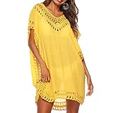 Adisputent Strandkleid Damen Sommerkleid V-Ausschnitt Sexy Oversize Boho Minikleid Spitze Strandponcho Sommer T-shirt Strandurlaub Bademode Badeanzug Bikini Cover Up (Typ4-Gelb1，Einheitsgröße)