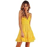 Damen Sexy V-Ausschnitt Rückenfrei Spaghetti-Träger Spitze Stickerei Mini Swing Skaterkleid Sommerkleid, gelb, X-Larg