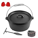 Keramik-Kochtopf mit Deckel, Gusseisen, Multi-Kochtopf aus Gusseisen, Dutch Oven mit Deckelheber, Kochtopf zum Campen oder Back