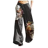 DressLksnf Baggy Hose Frauen Lässige Damen Bermuda Hose Schwarze Weite-Hose-Damen Mit Muster Halloween Hose Totenkopf Katze Blume Multiprint Weite Bein Hose Mit Taschen Elegant Schlag Hosen D