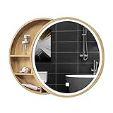 Spiegelschränke Bad Licht Push-Pull Smart Runder Wandspiegelschrank Holzschrank (Color : Yellow, Size : 50cm)