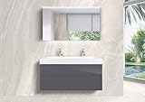 Intarbad ~ Doppelwaschtisch Lignum 120 cm Badmöbel Set grifflos, mit Led Spiegelschrank Berglärche Anthrazit IB1799