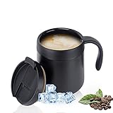 CS COSDDI Camping Kaffeebecher Thermo Doppelwandiger- 350ml Edelstahl Trinkbecher mit Henkel & Deckel Vakuum Thermobecher für Büro - Paßt unter die meisten Kaffeevollautomaten (Schwarz)