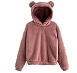 AGOUWUCHE Langarm Kapuzenpullover Damen Hoodie Mit Bärenohren Flauschig Warm Kapuze Elegant Pullover Frauen Plüsch Fleece Einfarbig Pulli Mädchen Herbst Winter Bluse Casual Sw