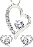 KianaLice My Heart 925 Sterling Silber Schmuckset mit Weiß Zirkonia Stein bestehend aus Herz Anhänger, Ohrstecker und 45 cm Damen Halskette im E