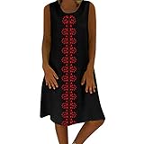 Damen Sommerkleider Retro Style Print Shirt Mit V-Ausschnitt Ärmellose Oberteile Baumwolle Und Leinen Lässig Plus Größe Lose Tunika Freizeitkleider Leinenkleid Tuchkleid Blusenkleid Schwarz 5XL