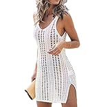 Joligiao Damen Strandkleid Gestrickte Bikini Cover Up Sommer Boho Strand Badeanzug Bedecken Pareos V-Ausschnitt Sexy Cutout Tunika Beach Minikleid Ärmellos Sommerkleid (Weiß,One Size)