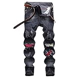 Xmiral Herren Jeanshose Mit Patch Geraffte Jeans Mit Reißverschlusstaschen Denim Hosen (Black, XL)