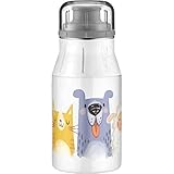 alfi Kindertrinkflasche elementBottle 400ml Tiere weiß, Edelstahlflasche auslaufsicher, dicht bei Kohlensäure, 5357.201.040 BPA Frei, Flasche für Kinder, Trinkflasche für Kindergarten, Ap