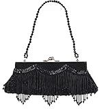 Damen Tasche Flapper Stil Perlen Kisslock 20er Clutch (Schwarz)